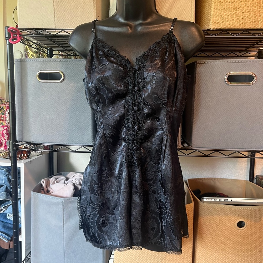 Victoria's Secret Black Satin Floral Lace Chemise